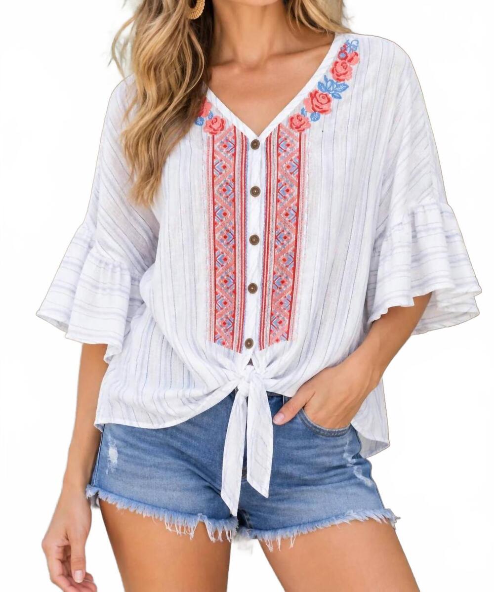 NEW ANDREE BY UNIT embroidered striped tie-front top in white